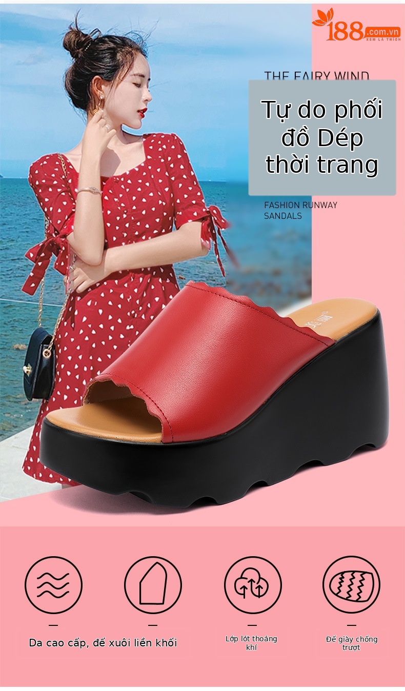 Dép cao gót đế xuồng nữ hè 2025, đế platform dày, hở mũi, gót 8 cm — Màu xanh lục 8cm, Màu đỏ 8cm, Trắng 8cm, Đen 8cm chi tiết 4