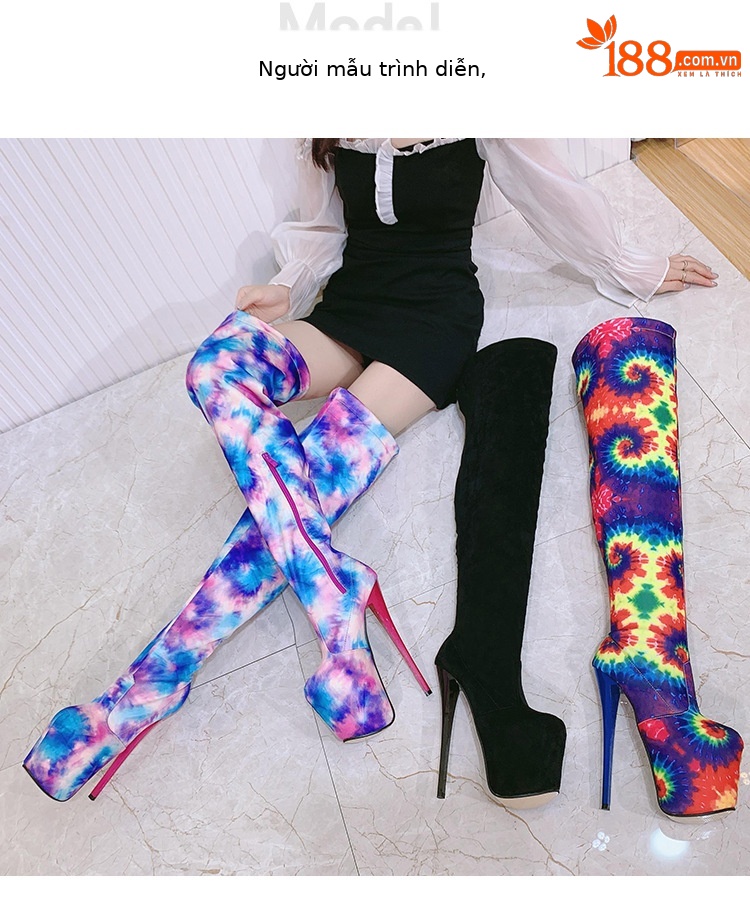 Boot nữ da lộn cổ cao quá đầu gối gót nhọn 20 cm — Màu đen chi tiết 5