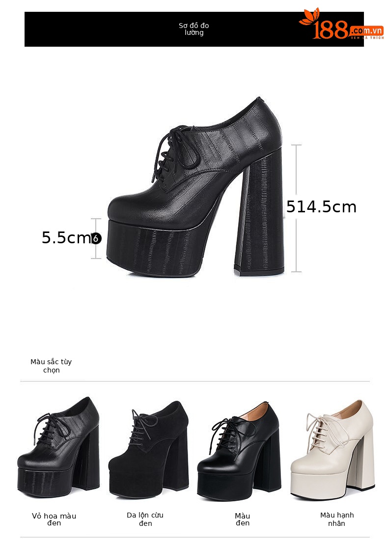 Giày cao gót nữ mũi tròn đế xuồng platform dây buộc da bò siêu cao gót 14,5 cm — Màu đen da cừu lộn chi tiết 3
