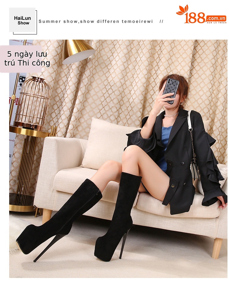 Boot nữ cổ thấp gót nhọn 20 cm — Màu đen chi tiết 8