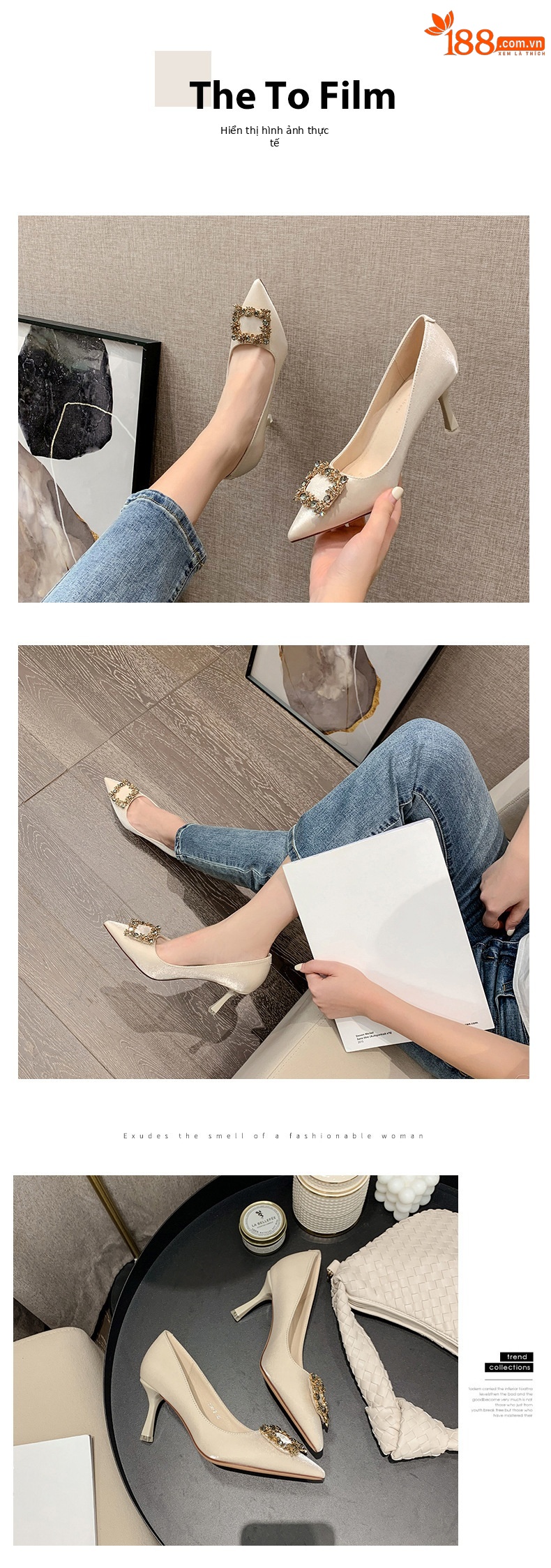 Giày cưới cô dâu phù dâu mũi nhọn đính đá hình vuông, gót 7 cm — Đỏ tía 5.5CM chi tiết 5