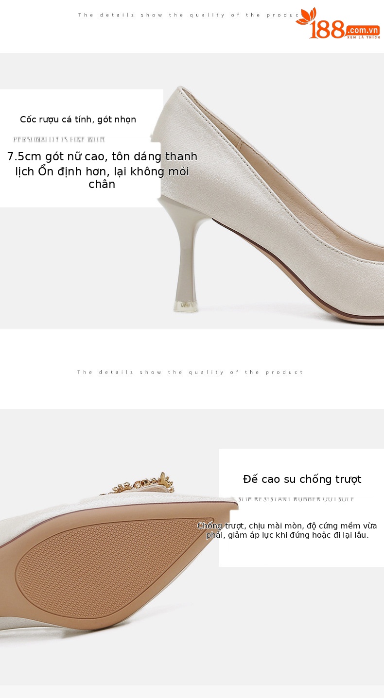 Giày cưới cô dâu phù dâu mũi nhọn đính đá hình vuông, gót 7 cm — Đỏ tía 5.5CM chi tiết 4