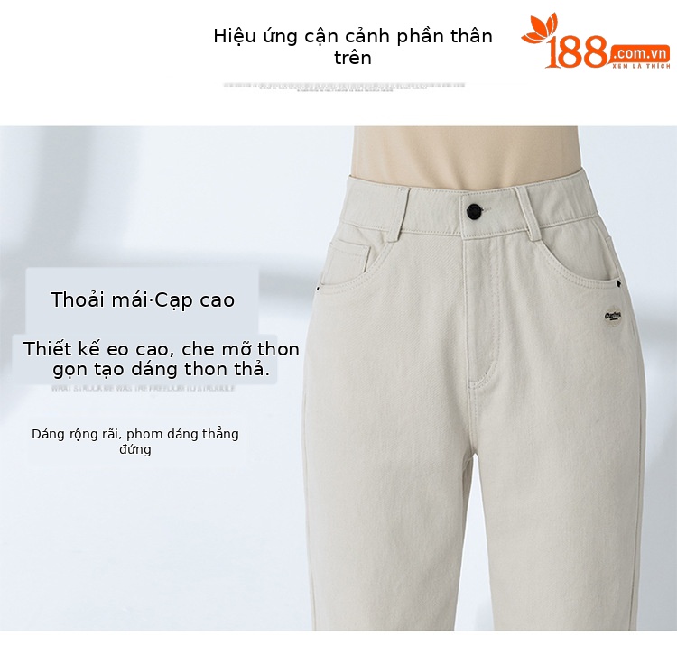 Quần jean nữ ống rộng cạp cao dáng suông 9 điểm — Màu be chi tiết 6