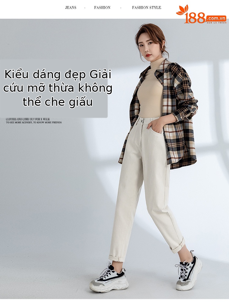 Quần jean nữ ống rộng cạp cao dáng suông 9 điểm — Màu be chi tiết 9
