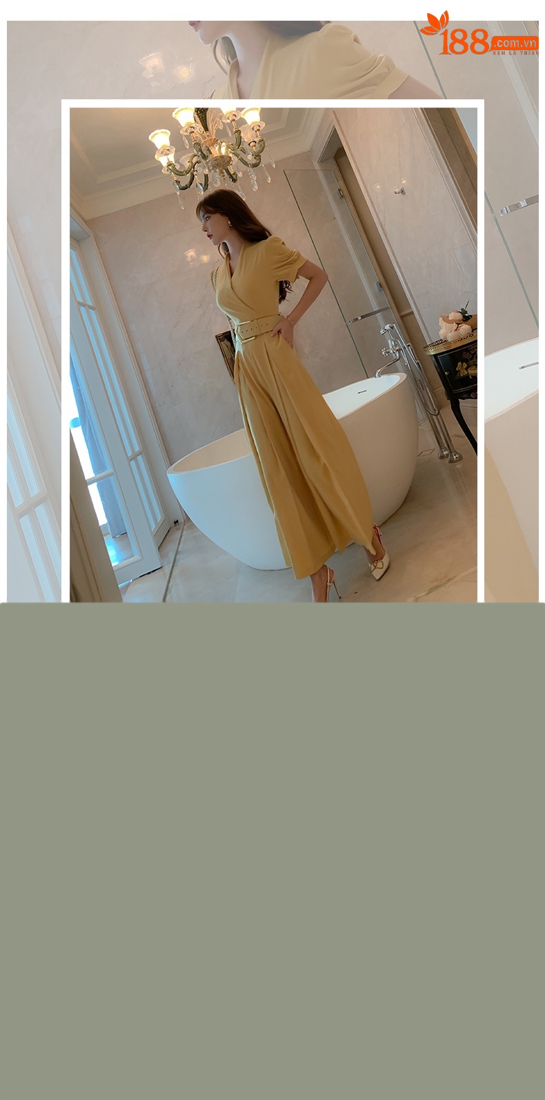 Jumpsuit nữ dài tay cạp cao ống rộng tay đèn lồng chất liệu rũ — Màu vàng chi tiết 1
