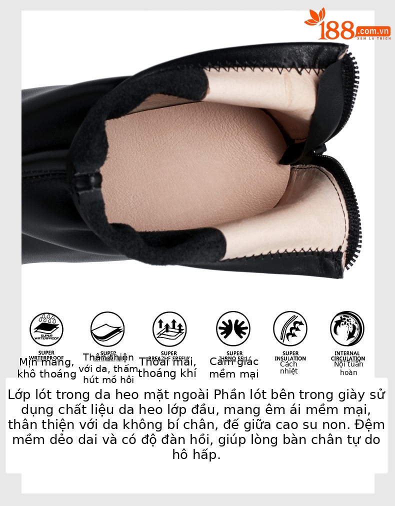 Boot cổ ngắn nữ da bò gót nhọn 10 cm mùa thu đông — Lớp lót nhung đen chi tiết 3