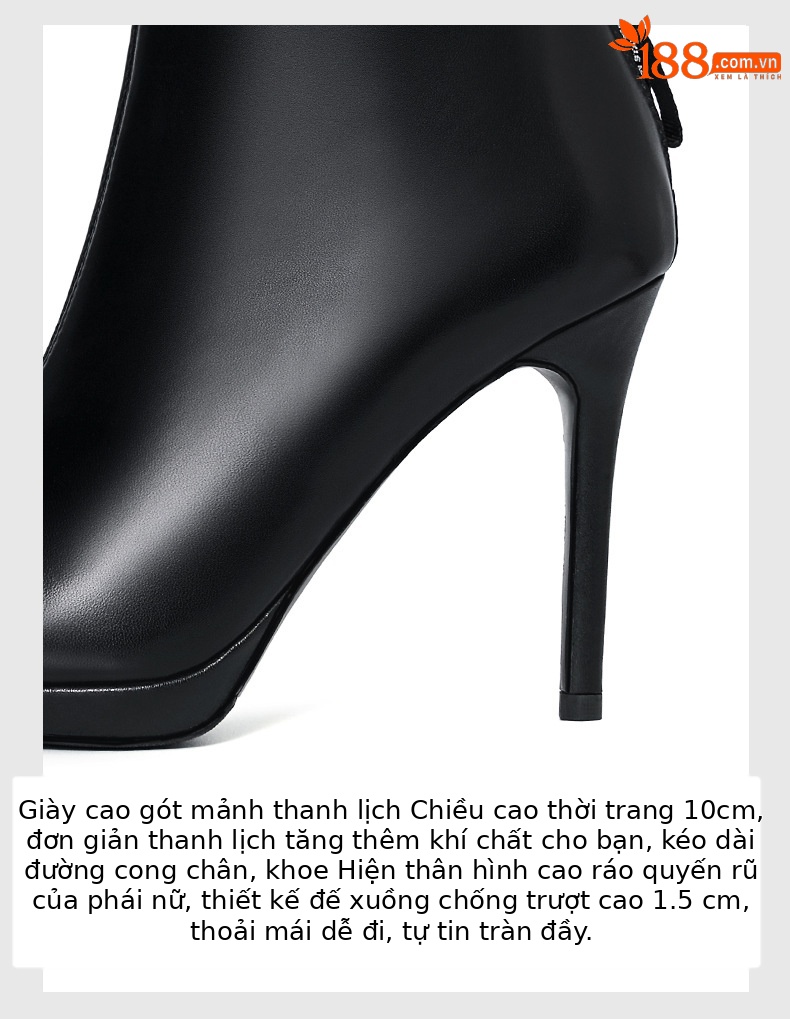 Boot cổ ngắn nữ da bò gót nhọn 10 cm mùa thu đông — Lớp lót nhung đen chi tiết 4