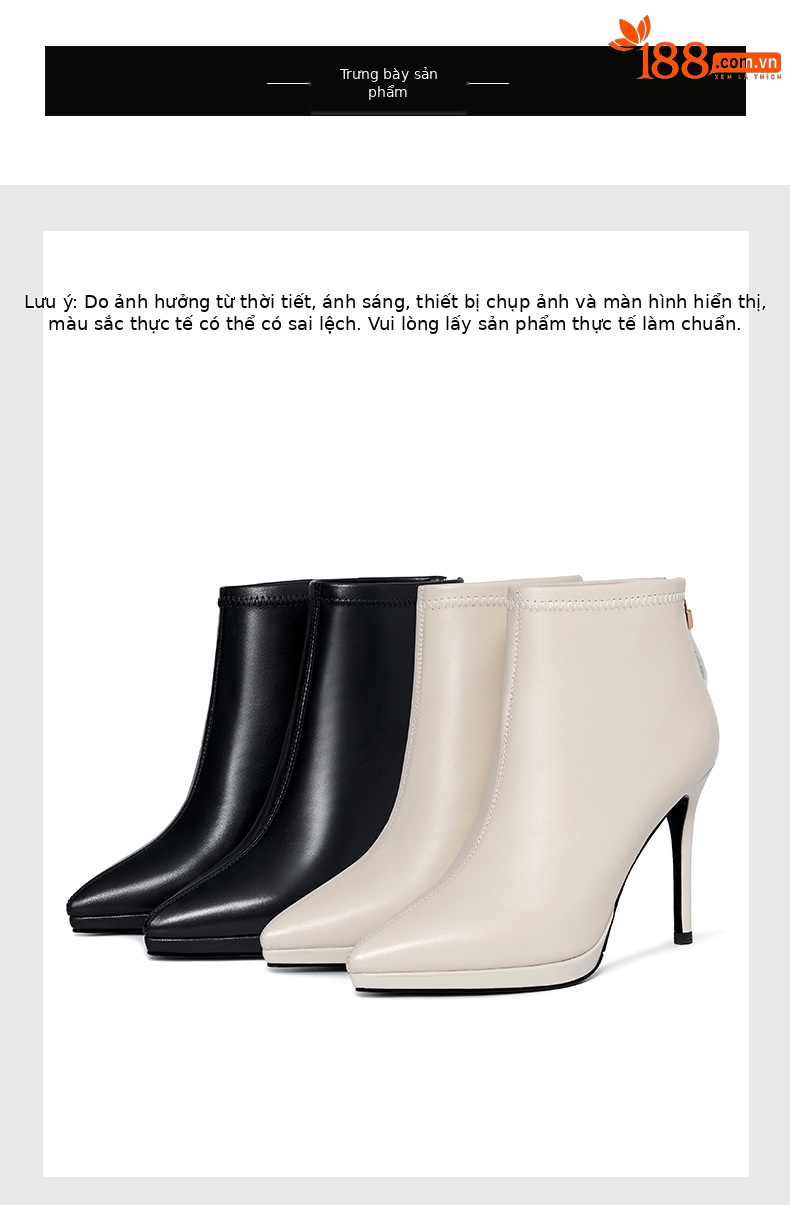 Boot cổ ngắn nữ da bò gót nhọn 10 cm mùa thu đông — Lớp lót nhung đen chi tiết 14