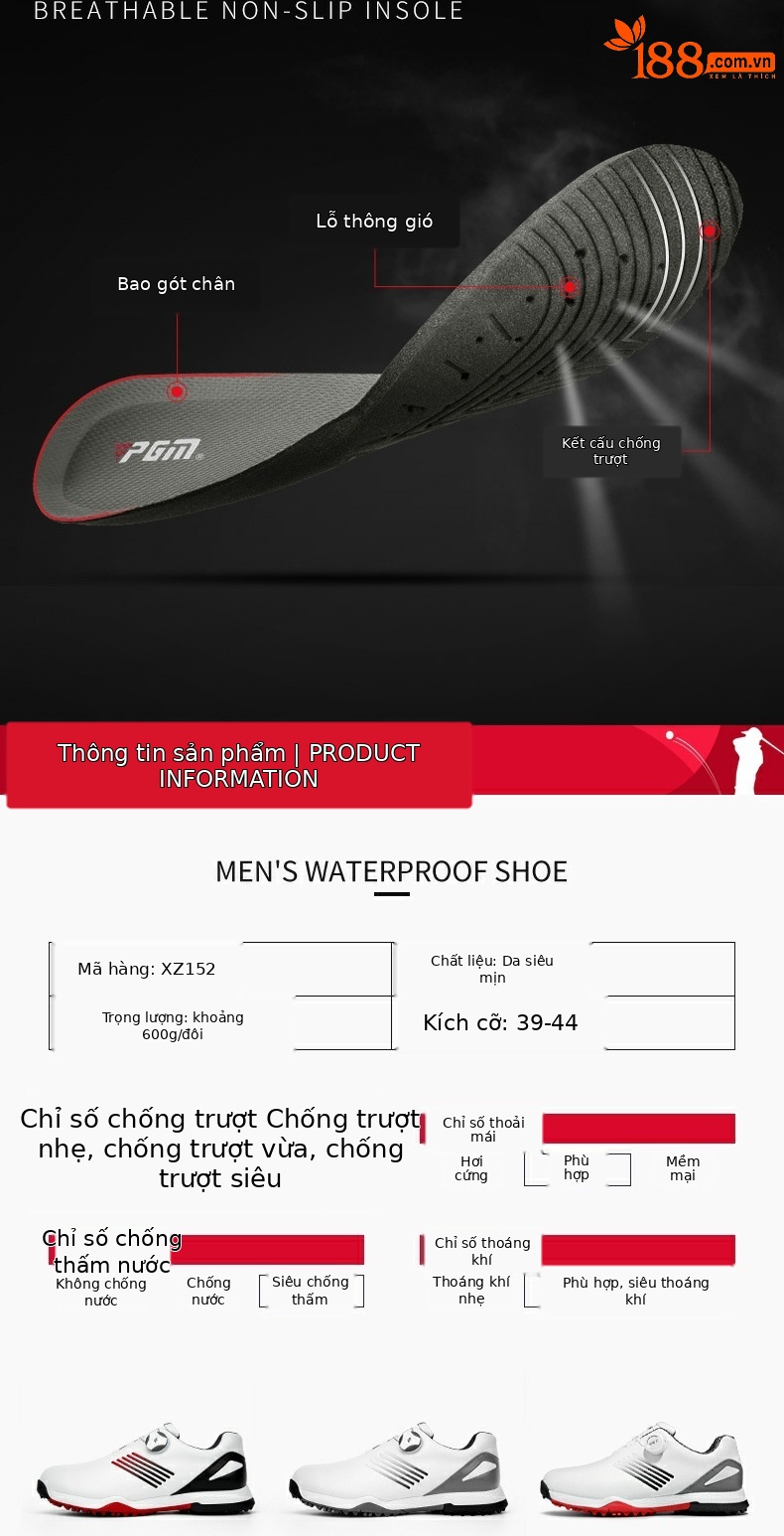 Giày golf PGM chống thấm nước nam, đế chống trượt, dây xoay tiện lợi — XZ152 trắng xám đỏ, XZ152 trắng đỏ chi tiết 5