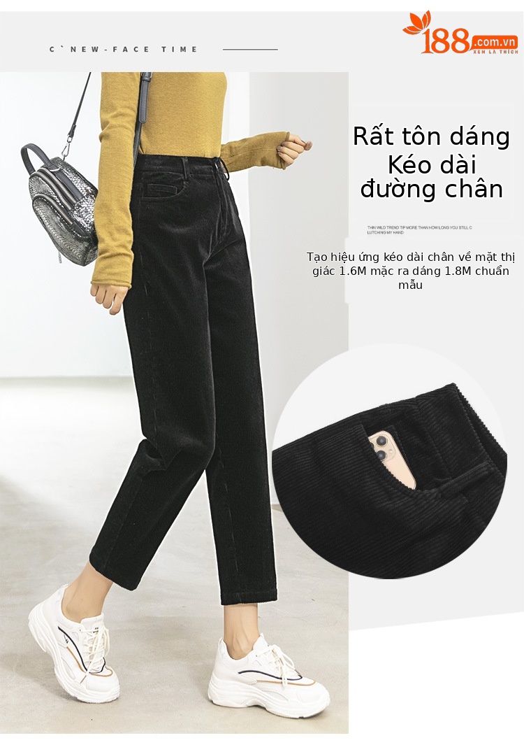 Quần nhung kẻ dáng Harem cạp chun rộng rãi lót nhung mùa xuân thu đông — Màu đen chi tiết 4