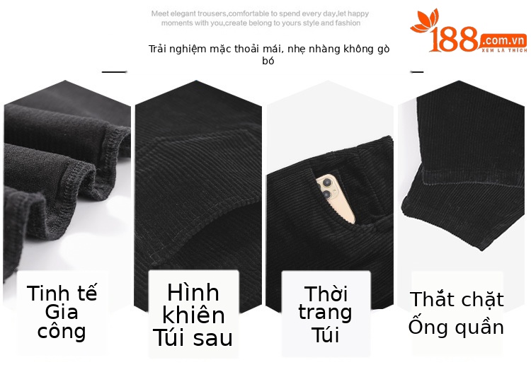 Quần nhung kẻ dáng Harem cạp chun rộng rãi lót nhung mùa xuân thu đông — Màu đen chi tiết 5