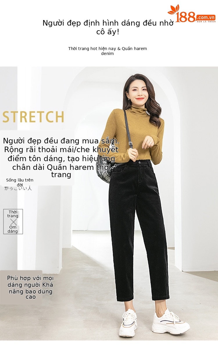 Quần nhung kẻ dáng Harem cạp chun rộng rãi lót nhung mùa xuân thu đông — Màu đen chi tiết 1