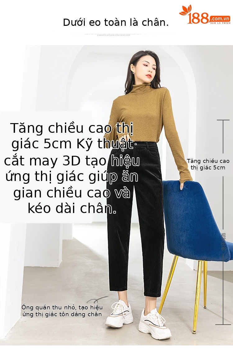 Quần nhung kẻ dáng Harem cạp chun rộng rãi lót nhung mùa xuân thu đông — Màu đen chi tiết 7