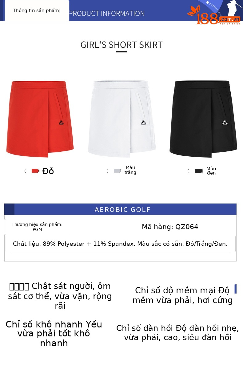 Váy golf nữ trẻ em PGM dáng chữ A thoáng khí nhanh khô — QZ064 màu trắng, QZ064 màu đen, QZ064 Màu Đỏ chi tiết 3