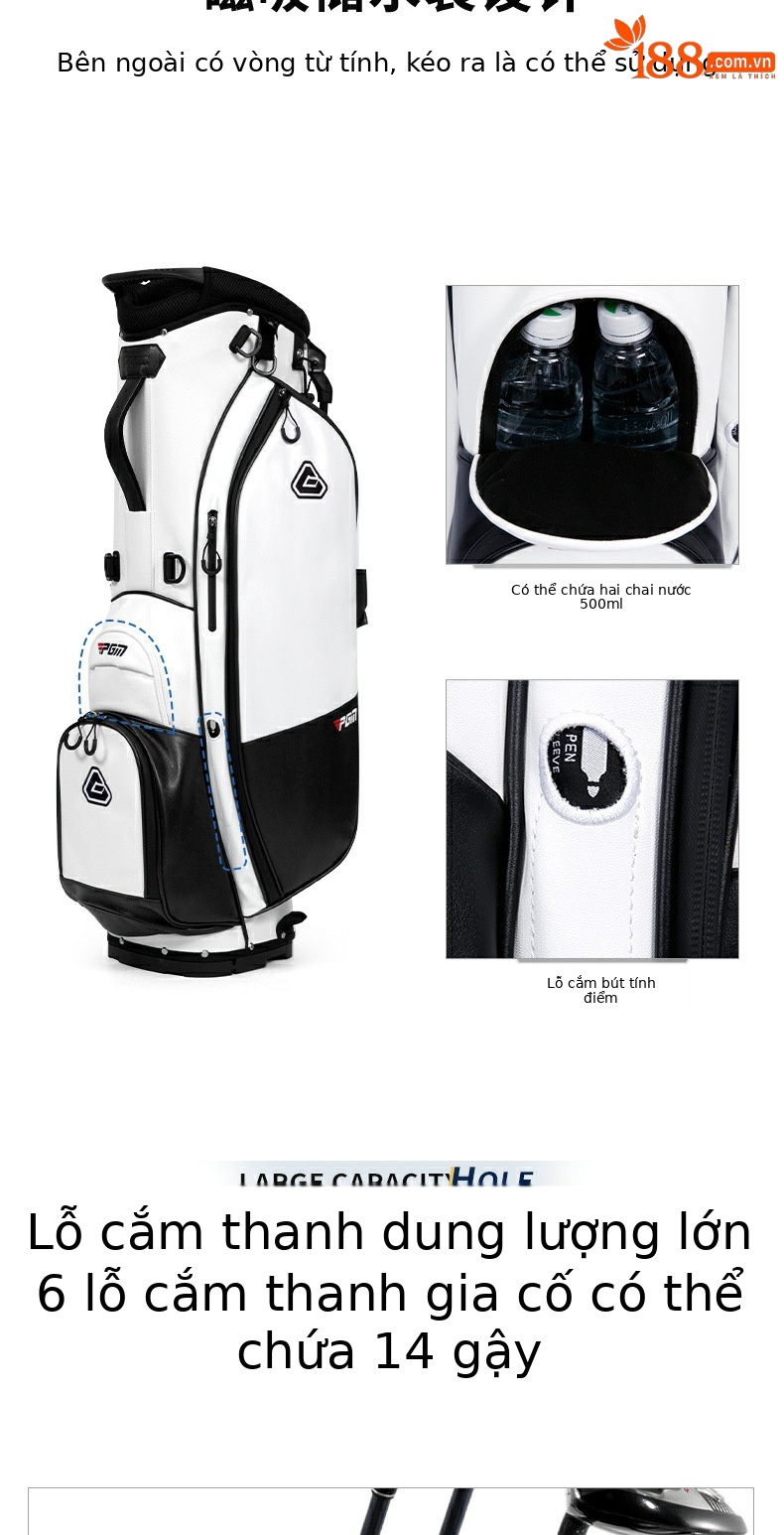 Túi đựng gậy golf PGM chống nước nhẹ có giá đỡ, dạng ba lô đeo vai, cao 130 cm — Túi QB073 màu trắng và xanh lam [không có que], Túi bóng trắng xám QB073 [không cần thanh], Túi bóng trắng đen QB073 [không có gậy] chi tiết 4