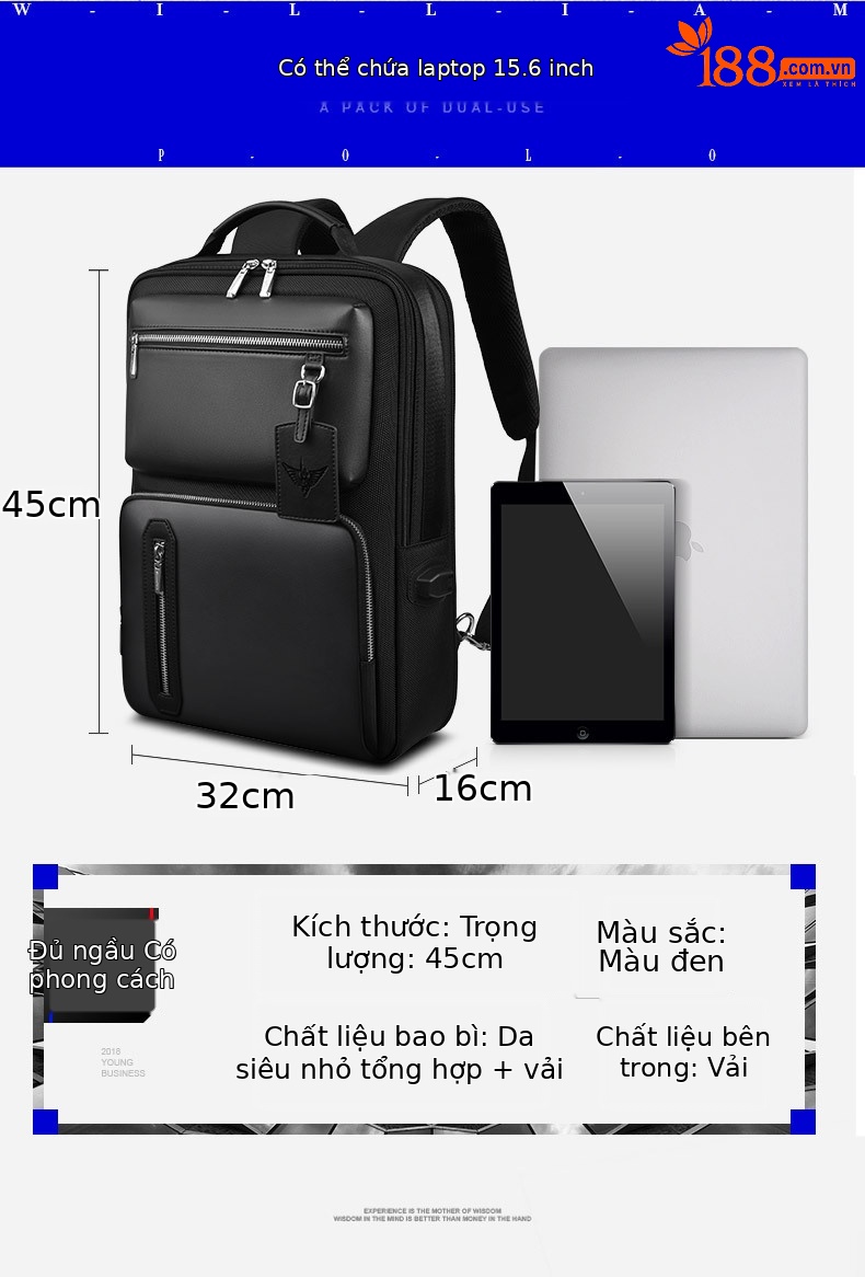 Ba lô Paul đa năng nam du lịch công sở chống trộm, kèm ngăn laptop 15.6 inch chi tiết 10