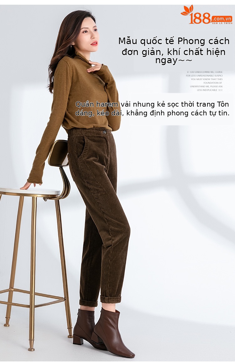 Quần culottes nữ ống rộng nhung kẻ dáng harem — Màu đen chi tiết 4