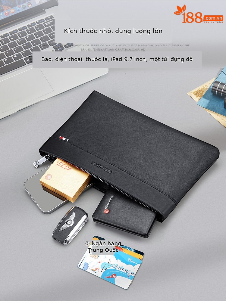 Túi clutch nam da bò thật phong cách doanh nhân, kiểu phong bì cầm tay, gọn nhẹ chi tiết 2