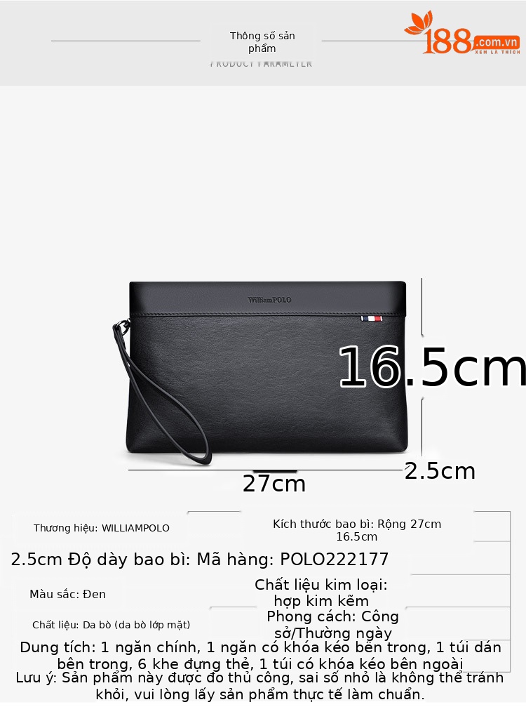 Túi clutch nam da bò thật phong cách doanh nhân, kiểu phong bì cầm tay, gọn nhẹ chi tiết 8