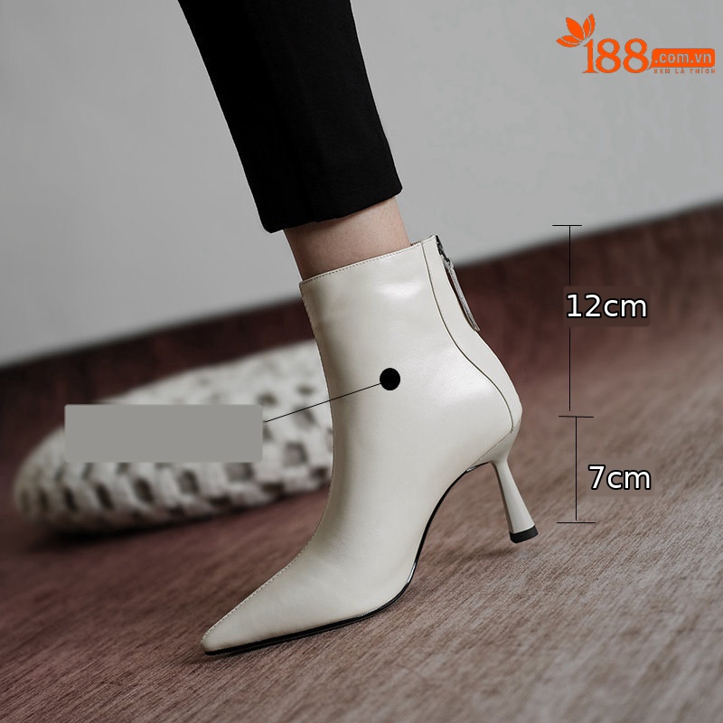 Bốt nữ cổ thấp da bò mũi nhọn gót nhọn phong cách Hàn Quốc — Màu be