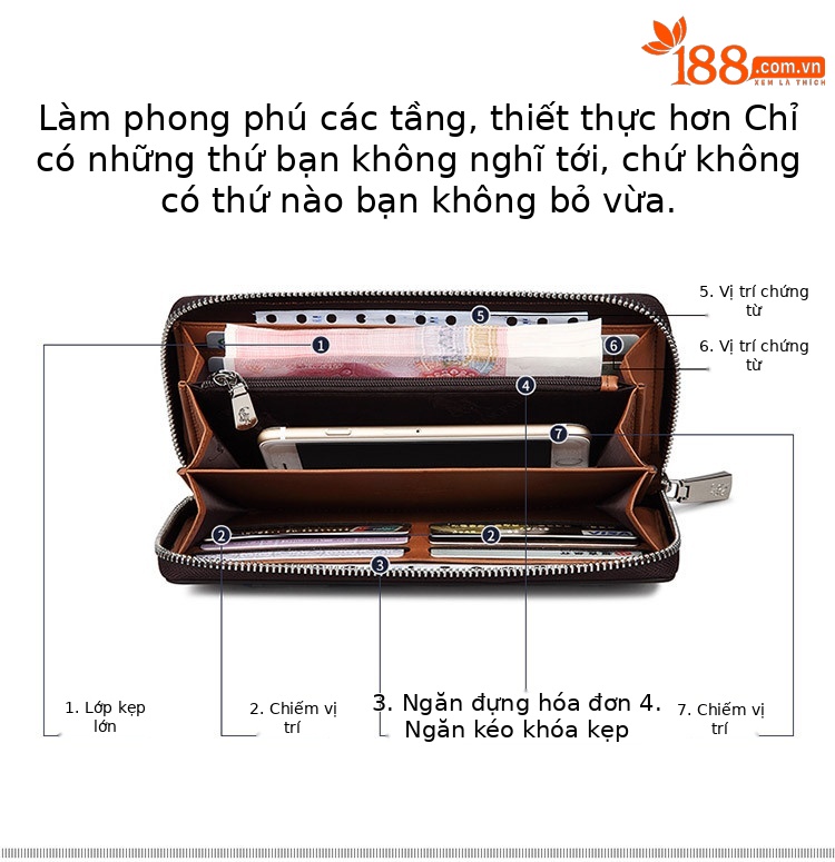 Ví da bò dài nam nhiều khe thẻ Hoàng Đế Paul chi tiết 6