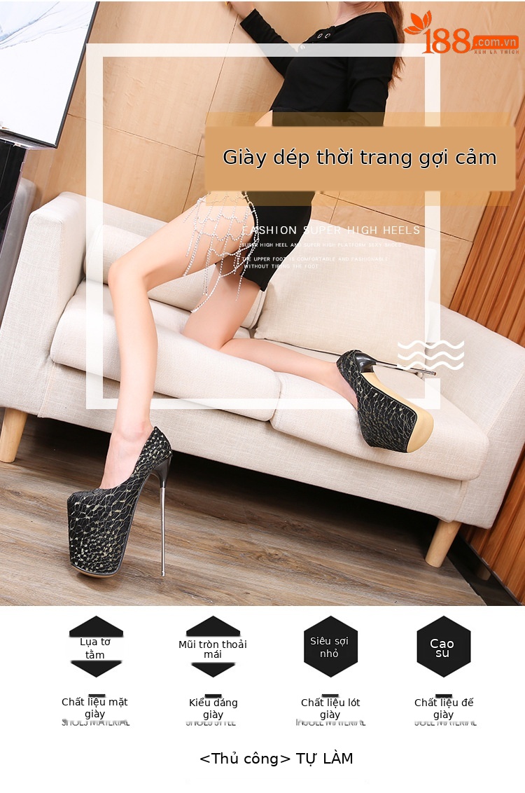 Giày cao gót nữ mũi nhọn đế kim loại gót 22 cm — Màu đen da bóng chi tiết 2