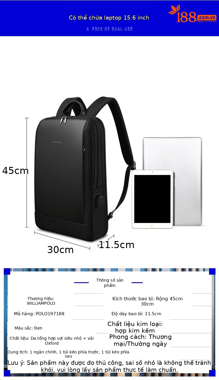 Ba lô nam hoàng đế Paul đựng laptop 15 inch, kiểu dáng đeo vai đơn nhẹ đi làm đa năng chi tiết 13