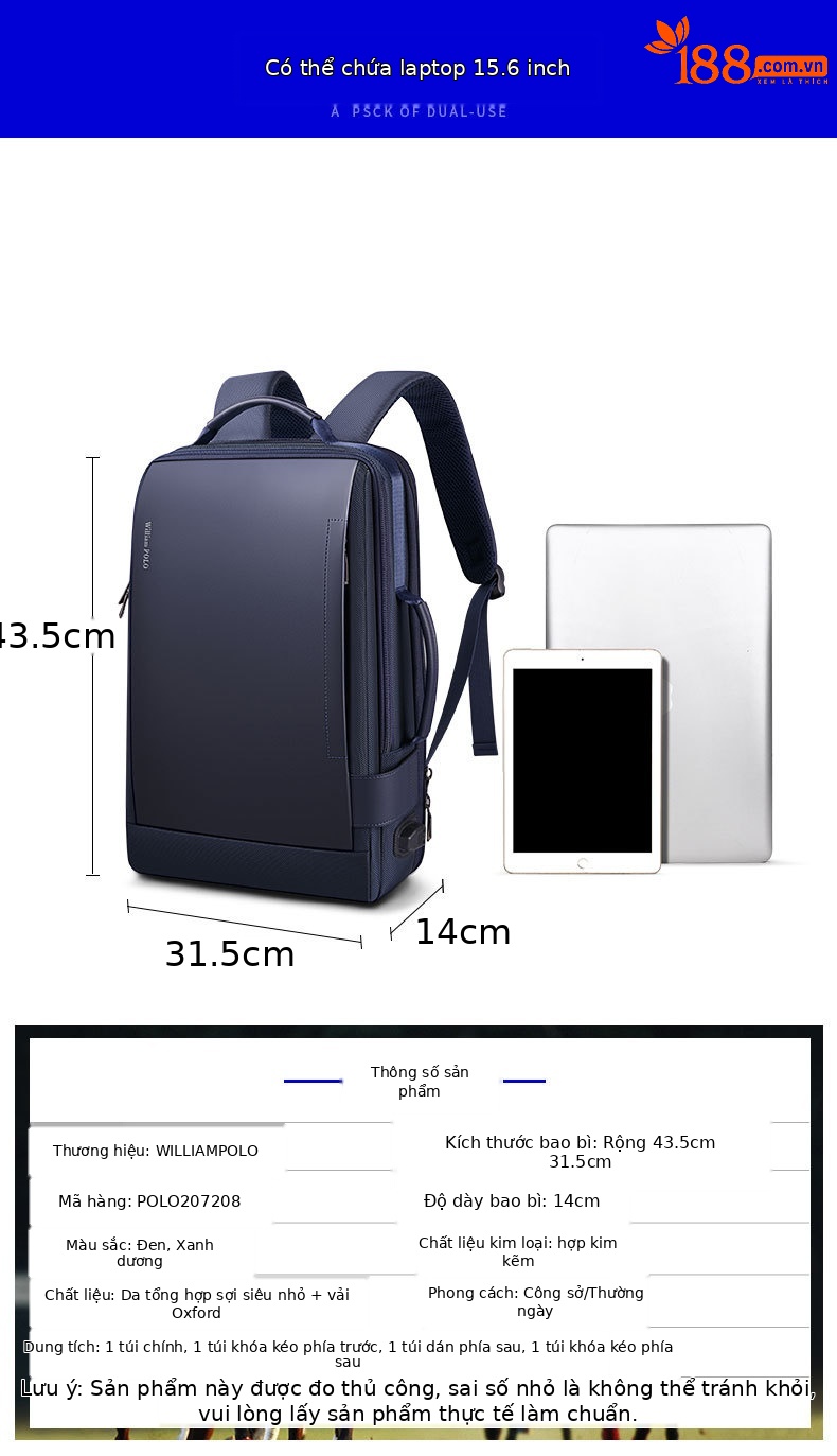 Balo nam công suất lớn đa năng chống nước, đựng laptop 15.6 inch, phù hợp du lịch công sở chi tiết 6