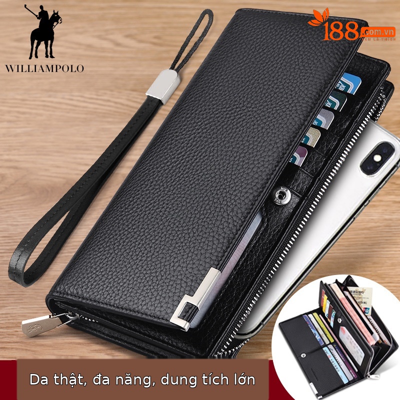 Ví nam dài da bò đầu 19 ngăn thẻ phong cách cổ điển