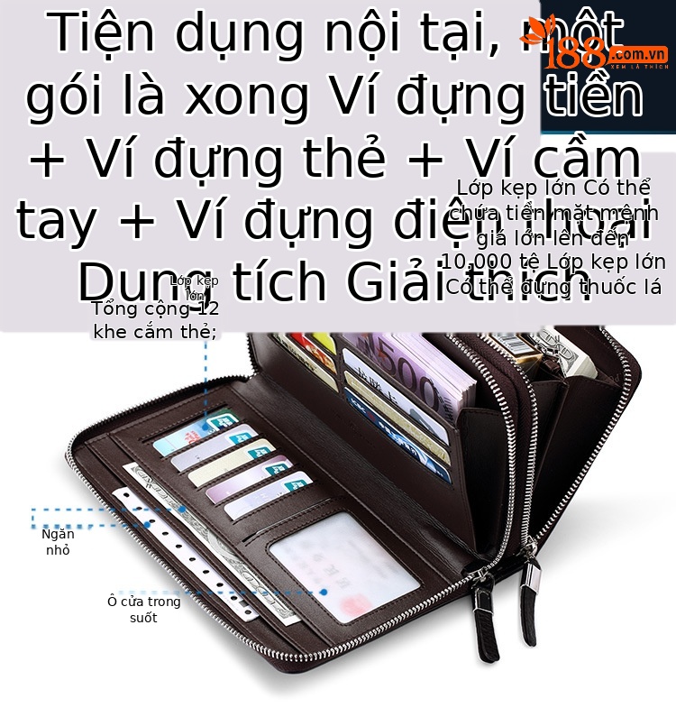 Ví da bò nam dài cầm tay hai lớp dây kéo đôi phong cách công sở chi tiết 3