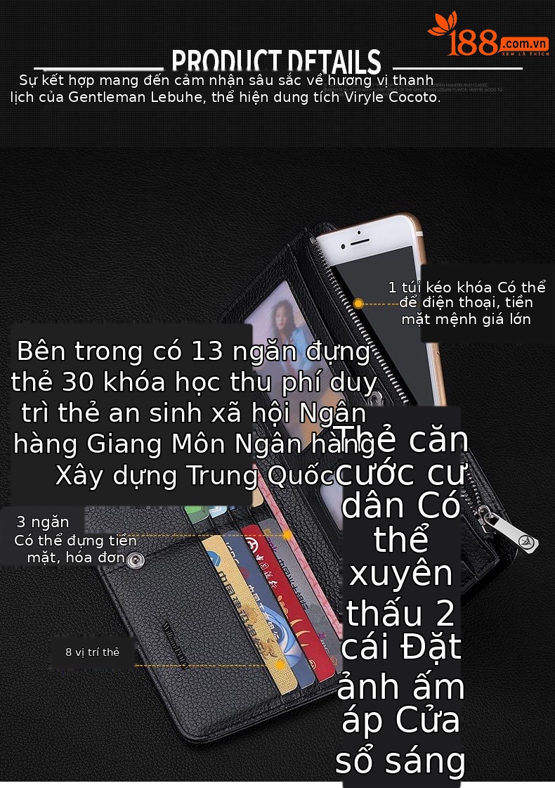 Ví da nam dài nhiều ngăn chống trộm dung tích lớn siêu mỏng chi tiết 8