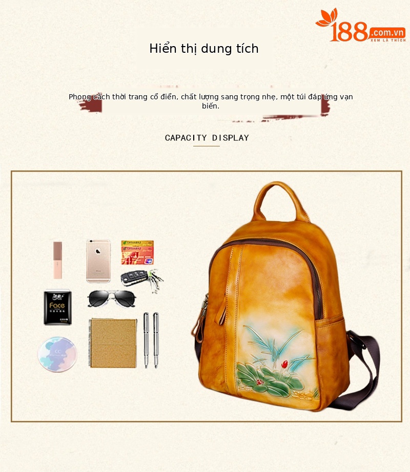 Ba lô da cổ điển nữ đánh bóng thủ công dung tích lớn — Vàng cổ điển, Xám cổ điển, Nâu cổ điển, Nâu vàng cổ điển chi tiết 12