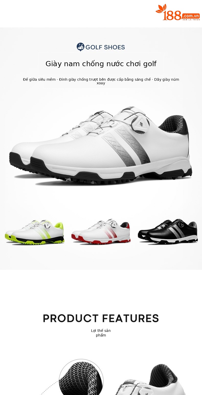 Giày golf nam PGM chống nước, đế đinh chống trượt, dây giày xoay tiện lợi — XZ160 trắng đen, XZ160 trắng đỏ, XZ160 Trắng Xanh lục huỳnh quang, XZ160 đen bạc chi tiết 2