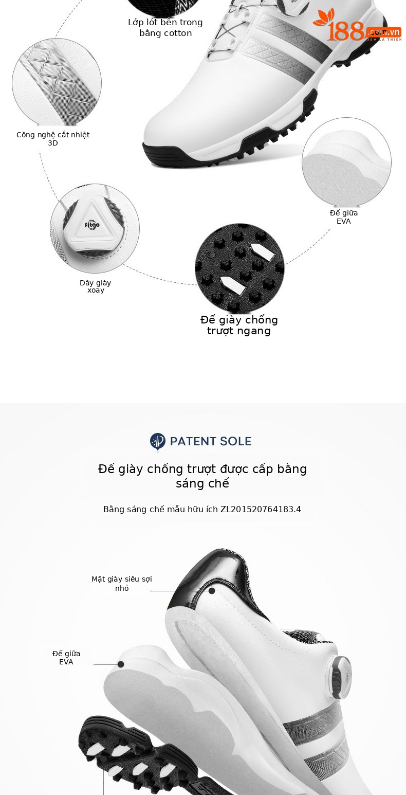 Giày golf nam PGM chống nước, đế đinh chống trượt, dây giày xoay tiện lợi — XZ160 trắng đen, XZ160 trắng đỏ, XZ160 Trắng Xanh lục huỳnh quang, XZ160 đen bạc chi tiết 3