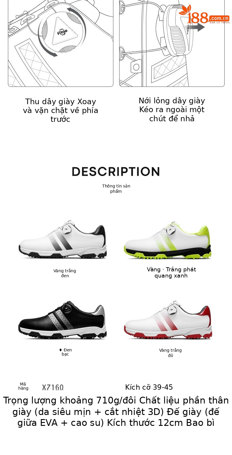 Giày golf nam PGM chống nước, đế đinh chống trượt, dây giày xoay tiện lợi — XZ160 trắng đen, XZ160 trắng đỏ, XZ160 Trắng Xanh lục huỳnh quang, XZ160 đen bạc chi tiết 5