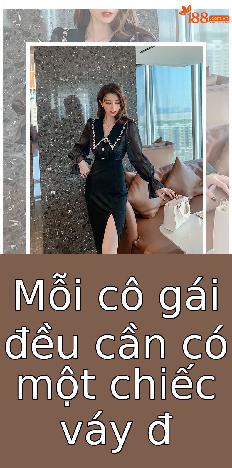 Đầm liền dài tay cổ búp bê xẻ tà ôm eo kiểu Pháp — Màu đen chi tiết 1