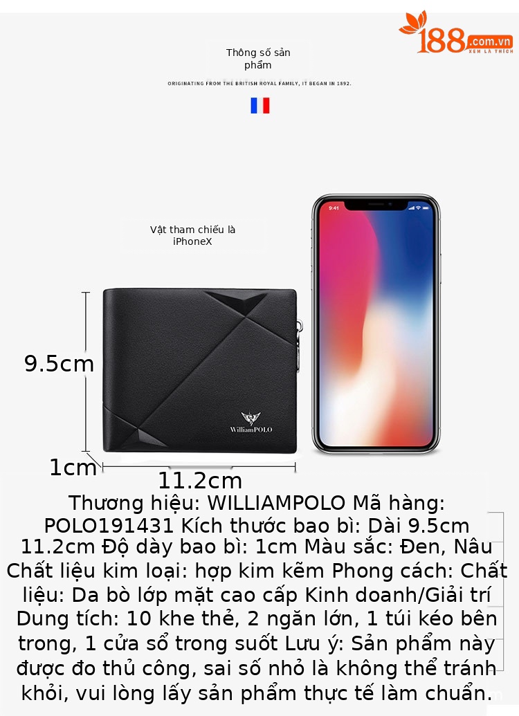 Ví ngắn nam da bò thật Hoàng Đế Paul gập mini chi tiết 4