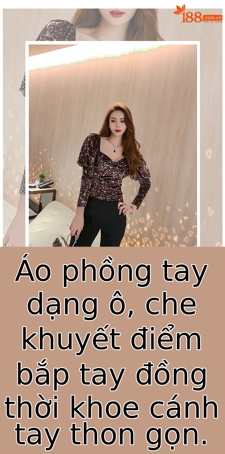 Áo thun tay dài cổ V gợi cảm tay bồng họa tiết da báo — Vân báo chi tiết 1