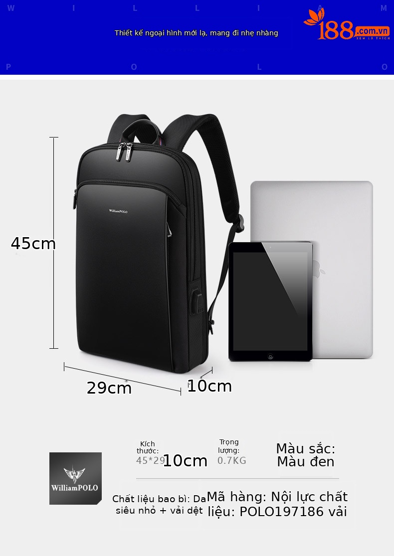 Ba lô Emperor Paul nam đa năng đựng laptop, du lịch, công sở dáng mỏng nhẹ chi tiết 9