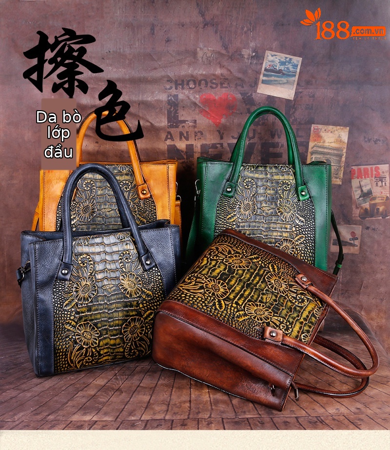 Túi đeo chéo nữ da thật phong cách vintage, họa tiết nổi bật — Xám cổ điển, Vàng cổ điển, Xanh lá cổ điển, Nâu cổ điển chi tiết 1