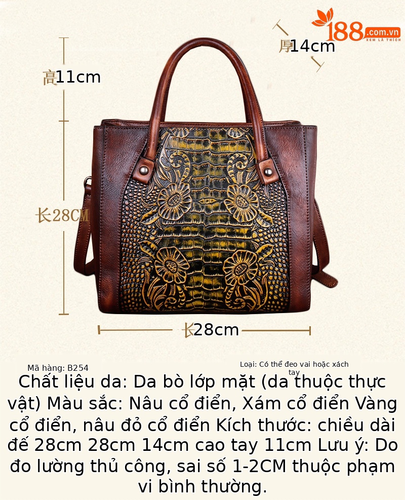Túi đeo chéo nữ da thật phong cách vintage, họa tiết nổi bật — Xám cổ điển, Vàng cổ điển, Xanh lá cổ điển, Nâu cổ điển chi tiết 4