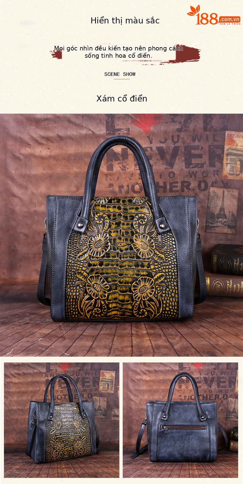 Túi đeo chéo nữ da thật phong cách vintage, họa tiết nổi bật — Xám cổ điển, Vàng cổ điển, Xanh lá cổ điển, Nâu cổ điển chi tiết 12