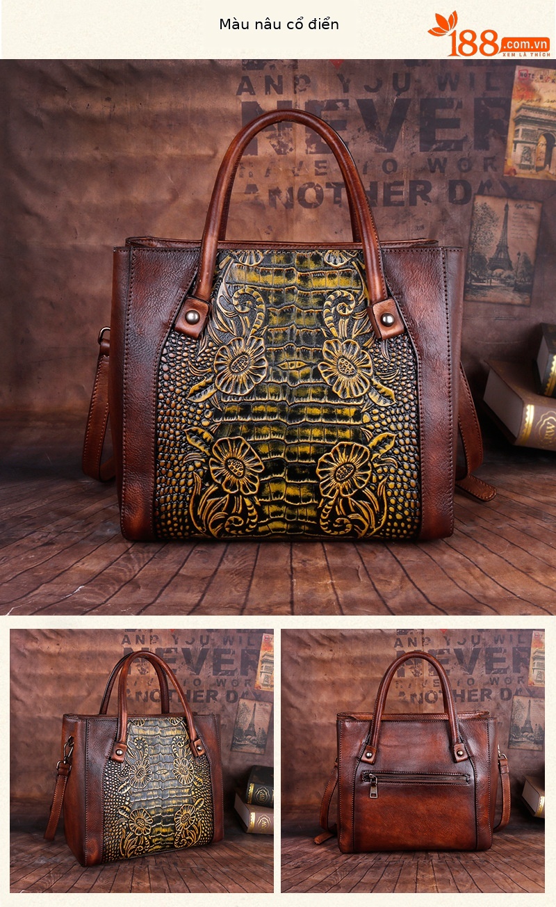 Túi đeo chéo nữ da thật phong cách vintage, họa tiết nổi bật — Xám cổ điển, Vàng cổ điển, Xanh lá cổ điển, Nâu cổ điển chi tiết 13