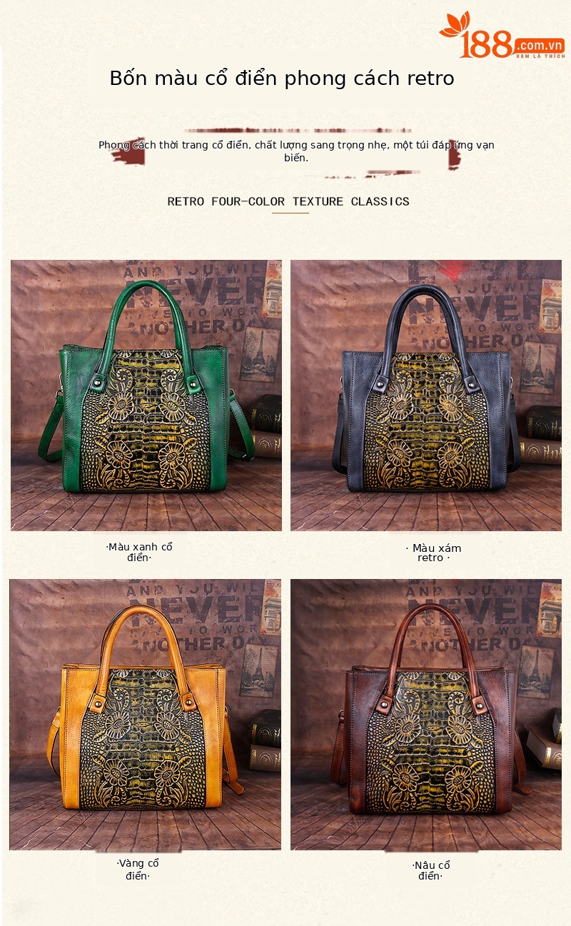 Túi đeo chéo nữ da thật phong cách vintage, họa tiết nổi bật — Xám cổ điển, Vàng cổ điển, Xanh lá cổ điển, Nâu cổ điển chi tiết 3
