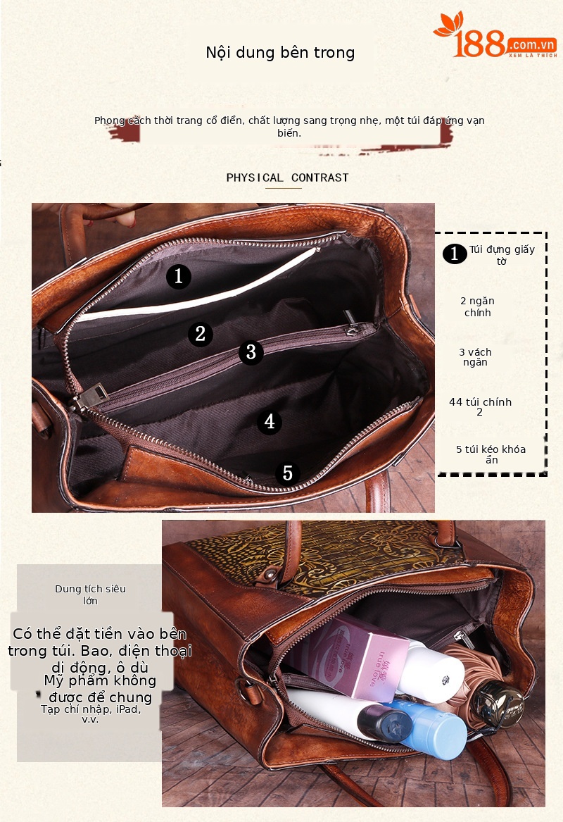 Túi đeo chéo nữ da thật phong cách vintage, họa tiết nổi bật — Xám cổ điển, Vàng cổ điển, Xanh lá cổ điển, Nâu cổ điển chi tiết 5