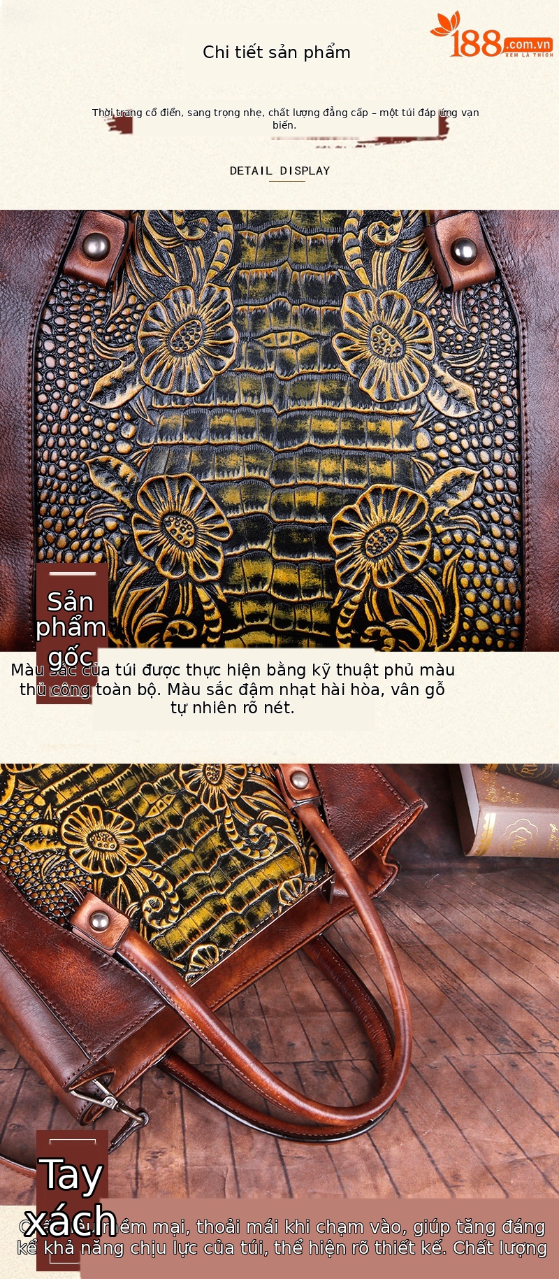 Túi đeo chéo nữ da thật phong cách vintage, họa tiết nổi bật — Xám cổ điển, Vàng cổ điển, Xanh lá cổ điển, Nâu cổ điển chi tiết 6
