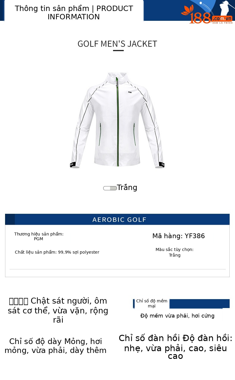 Áo khoác golf nam dài tay cổ đứng chống gió chống mưa — YF386 nam dài tay kéo khóa áo khoác màu trắng chi tiết 3