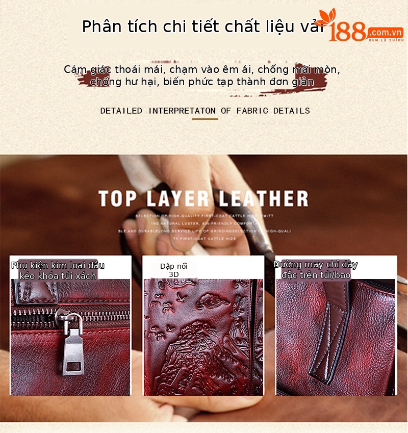 Túi xách tay nữ da bò thật dập nổi họa tiết cổ điển — Xám cổ điển, Nâu cổ điển, Đỏ cổ điển chi tiết 2