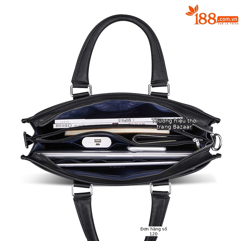 Cặp da bò cao cấp nam đựng laptop 15-17 inch, túi xách tay đeo vai đa năng — Màu đen, Màu nâu