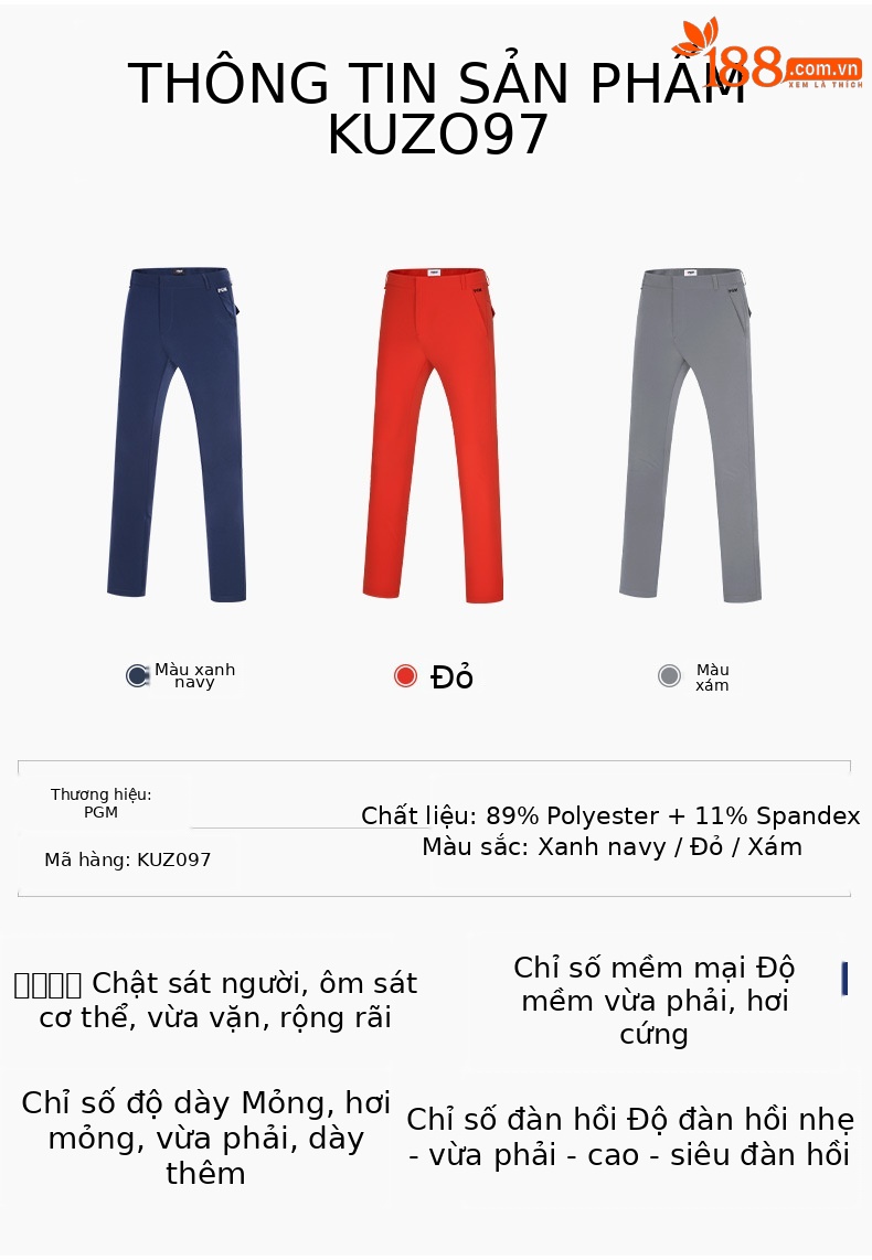 Quần thể thao golf nam co giãn mềm mại PGM — KUZ097 Màu Đỏ, KUZ097 màu xám, KUZ097 màu xanh hải quân chi tiết 2